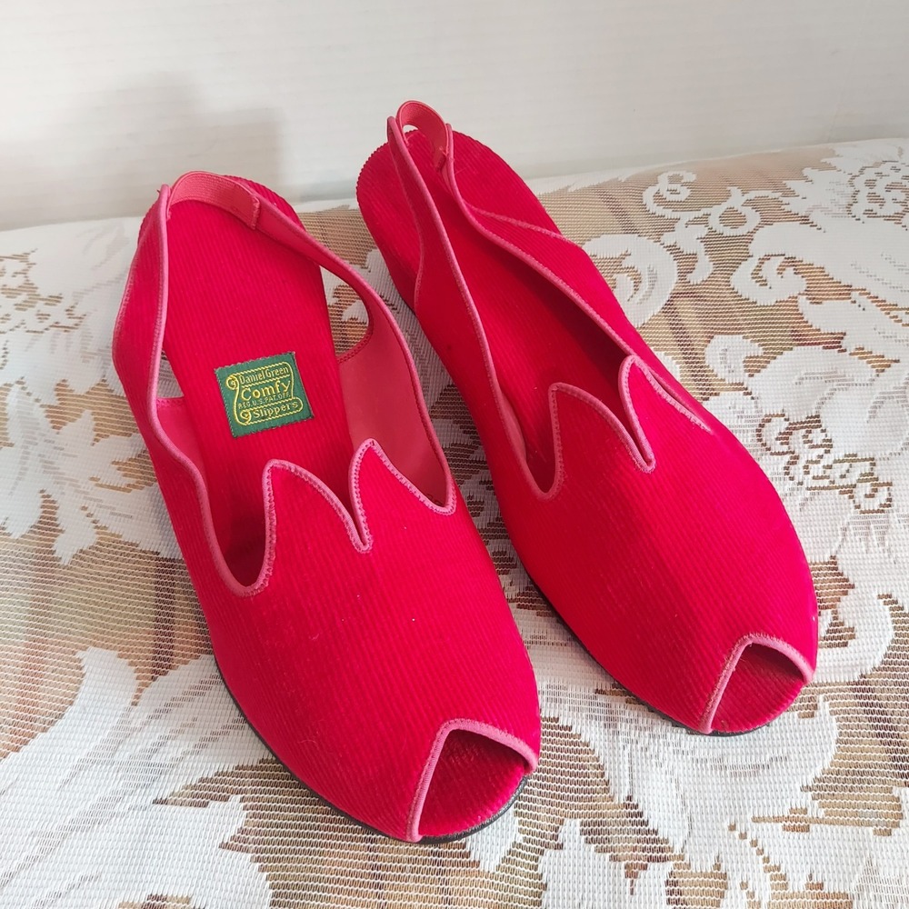Vintage Daniel Green Red Corduroy Peep Toe Slingback Wedge Comfy Slippers 7